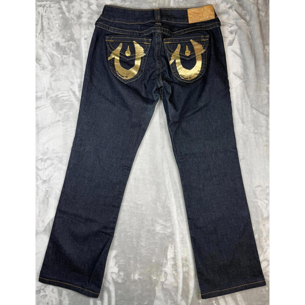 True Religion Women's  Size‎ 31 Joey Slight Flare Dark Wash Gold Foil Jeans